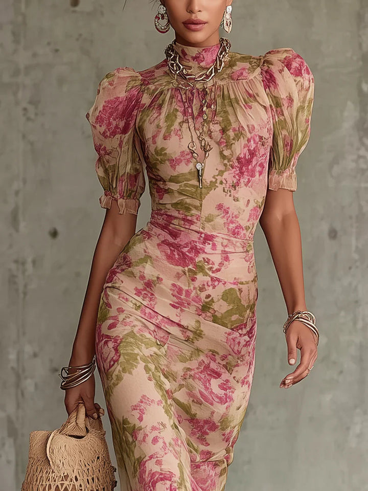 Wren | Vintage Rose Print Maxi Dress With Puff Sleeves (Accessories not included) - Helen & Olivia Manhattan