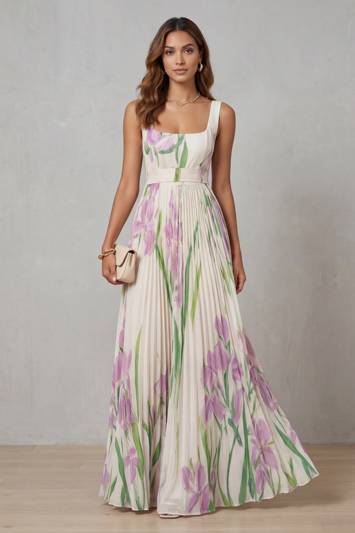 Viviana | Maxi Dress Plissettato Floral Effetto Acquerello