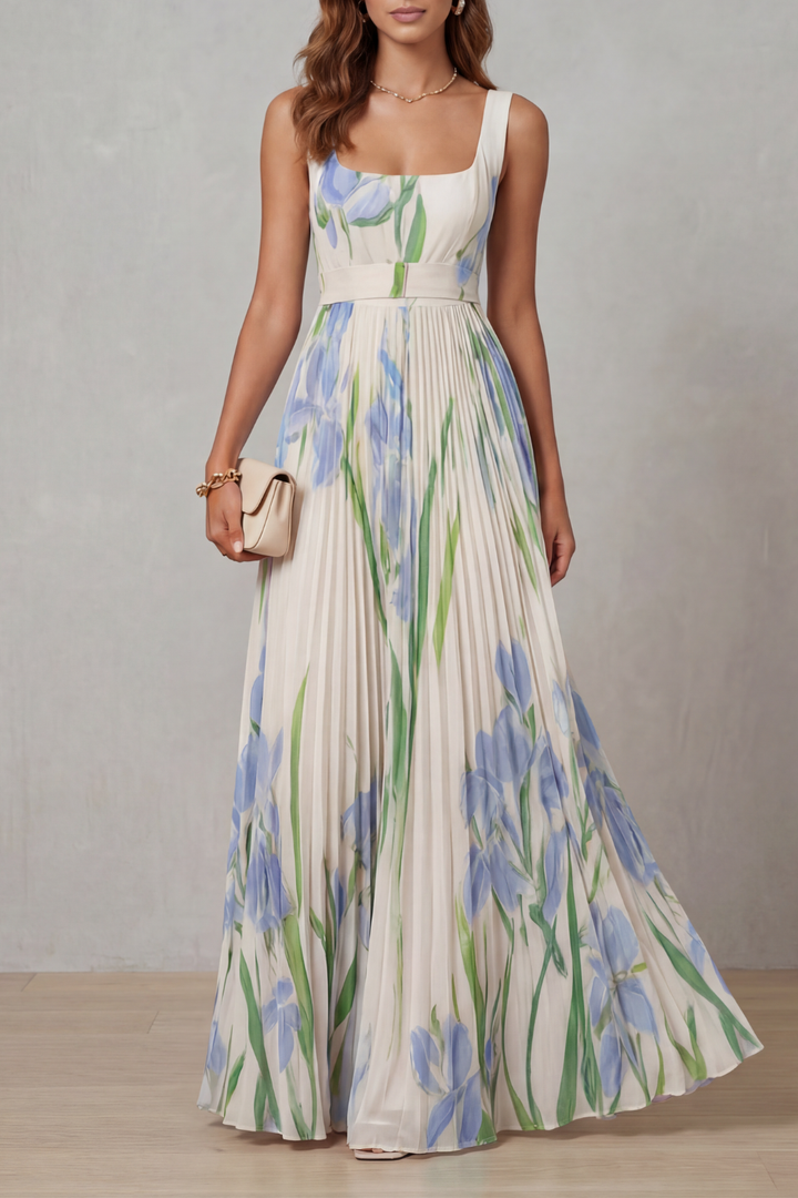 Viviana | Maxi Dress Plissettato Floral Effetto Acquerello