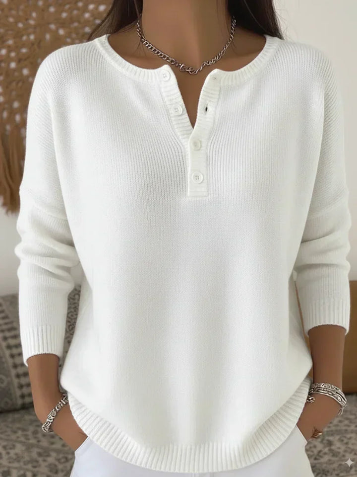 Helena | Henley Button-Up Knit Sweater - White