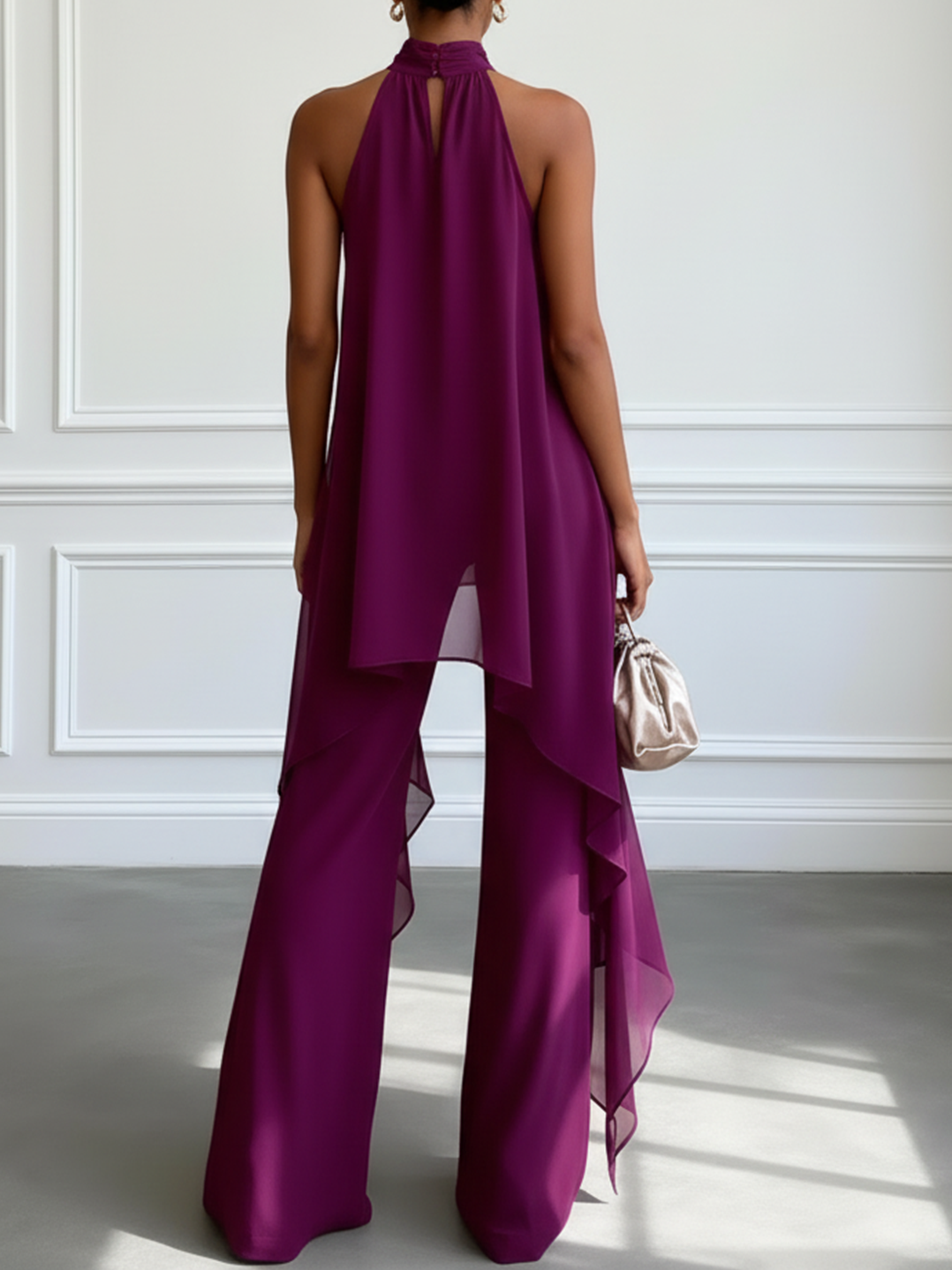 Flora | Purple Halter Sleeveless Elegant Top With Pants Two-Piece Set - Helen & Olivia Manhattan