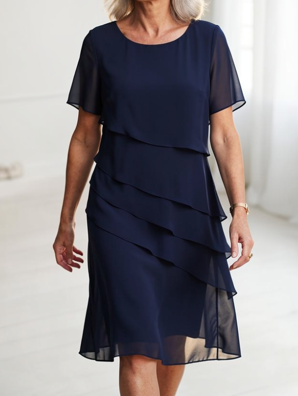 Daphne | Layered Round-Neck Short Sleeve Midi Cocktail Dress