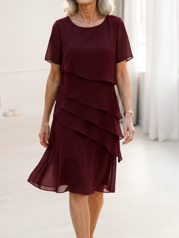 Daphne | Layered Round-Neck Short Sleeve Midi Cocktail Dress