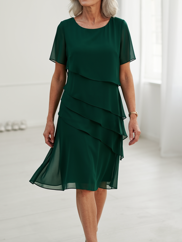 Daphne | Layered Round-Neck Short Sleeve Midi Cocktail Dress