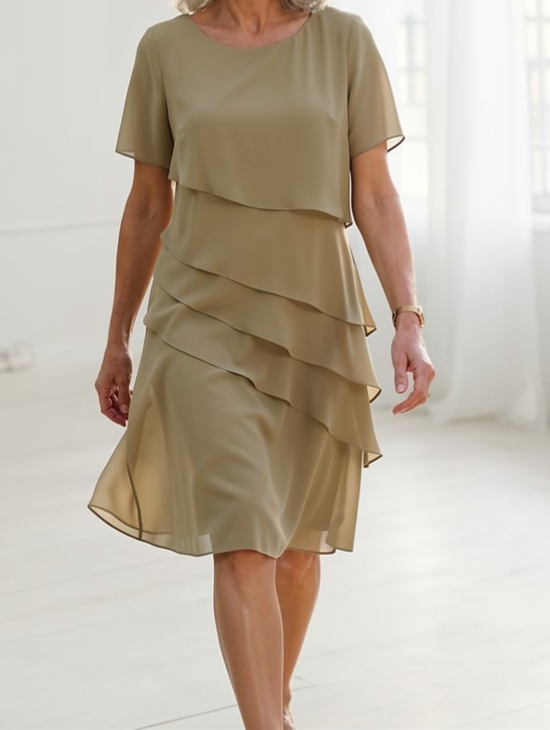 Daphne | Layered Round-Neck Short Sleeve Midi Cocktail Dress