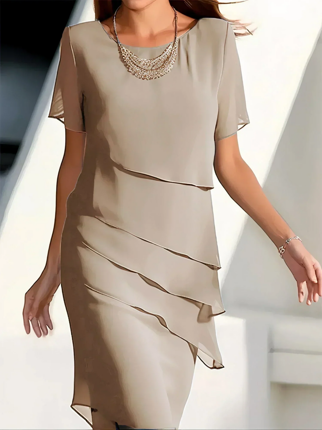 Vivienne | Layered Round-Neck Short Sleeve Asymmetric Midi Dress