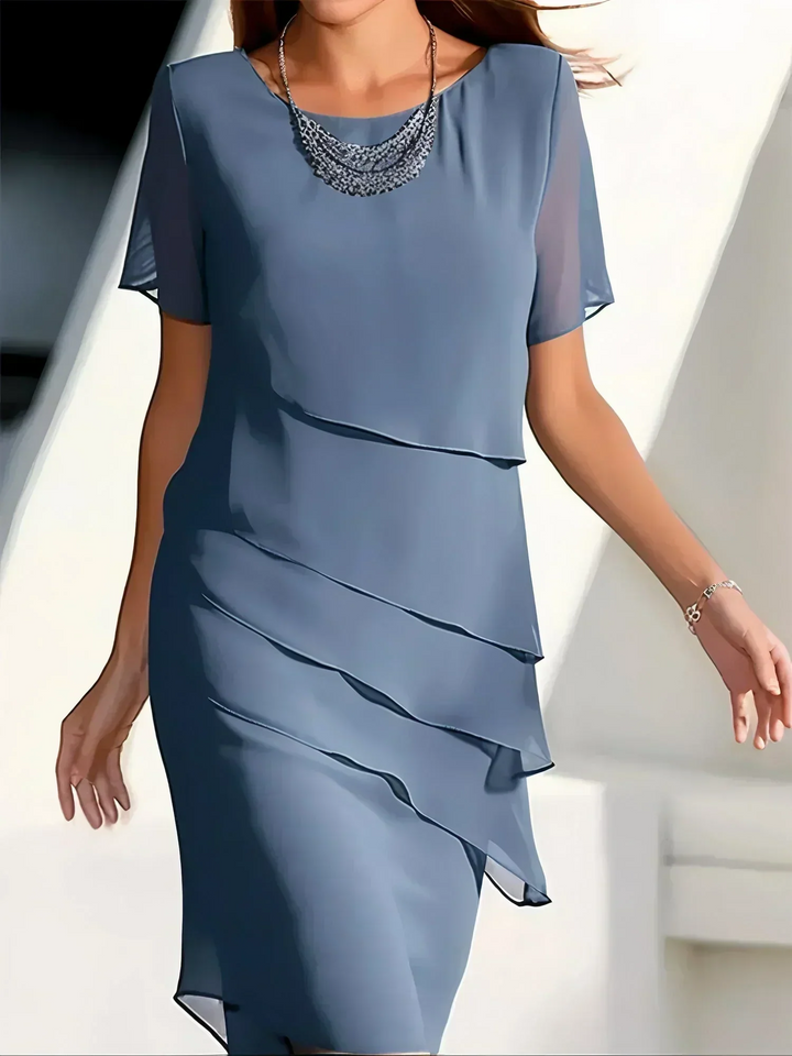 Vivienne | Layered Round-Neck Short Sleeve Asymmetric Midi Dress