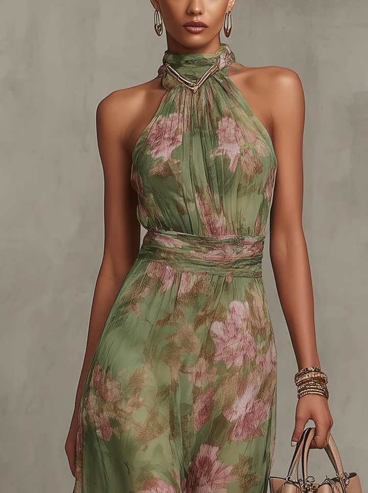 Serena | Grünes Floral Maxikleid mit Halterneck - Helen & Olivia Manhattan