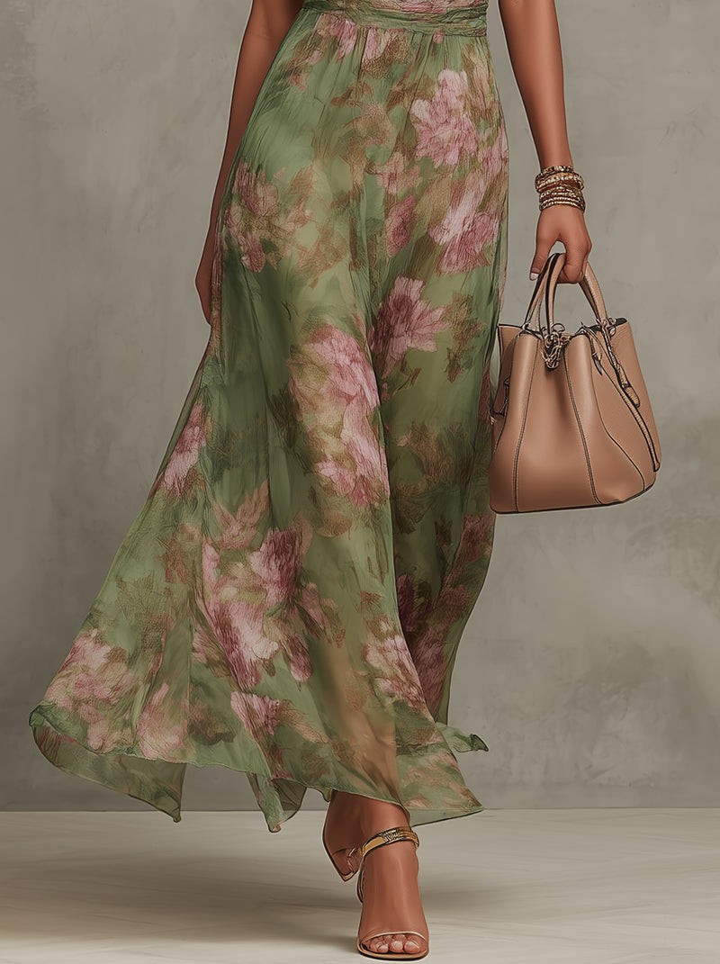 Serena | Grünes Floral Maxikleid mit Halterneck - Helen & Olivia Manhattan