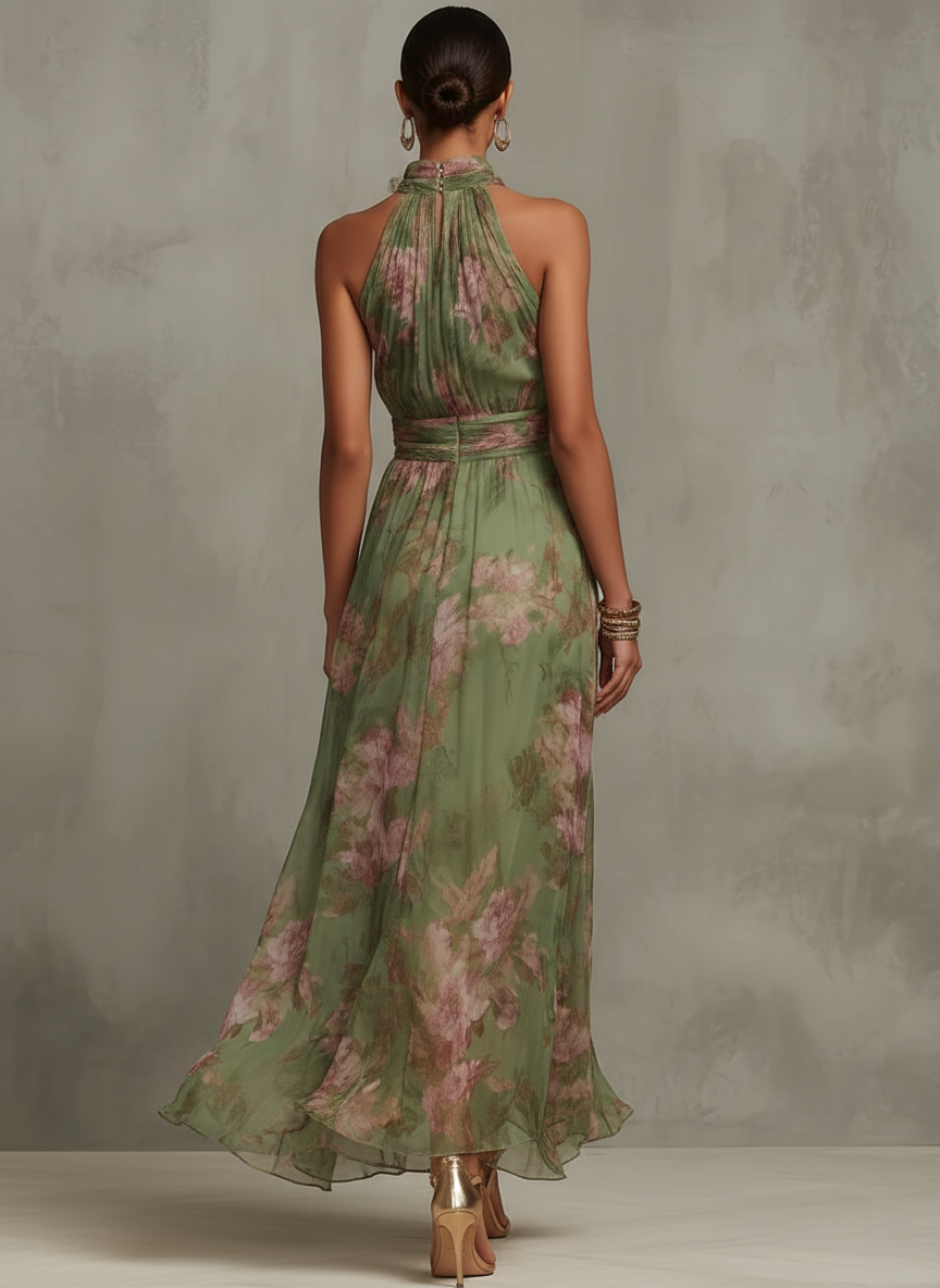 Serena | Grünes Floral Maxikleid mit Halterneck - Helen & Olivia Manhattan