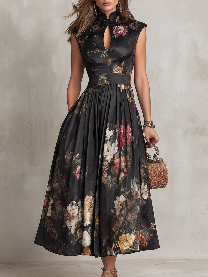Cora | Black Keyhole Collar Floral Pleated Satin Midi Dress - Helen & Olivia Manhattan
