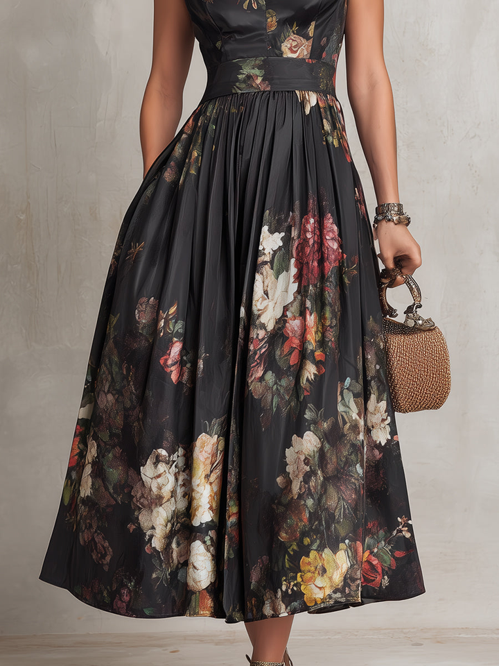 Cora | Black Keyhole Collar Floral Pleated Satin Midi Dress - Helen & Olivia Manhattan