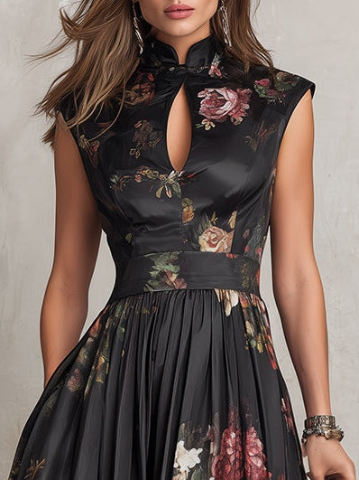 Cora | Black Keyhole Collar Floral Pleated Satin Midi Dress - Helen & Olivia Manhattan