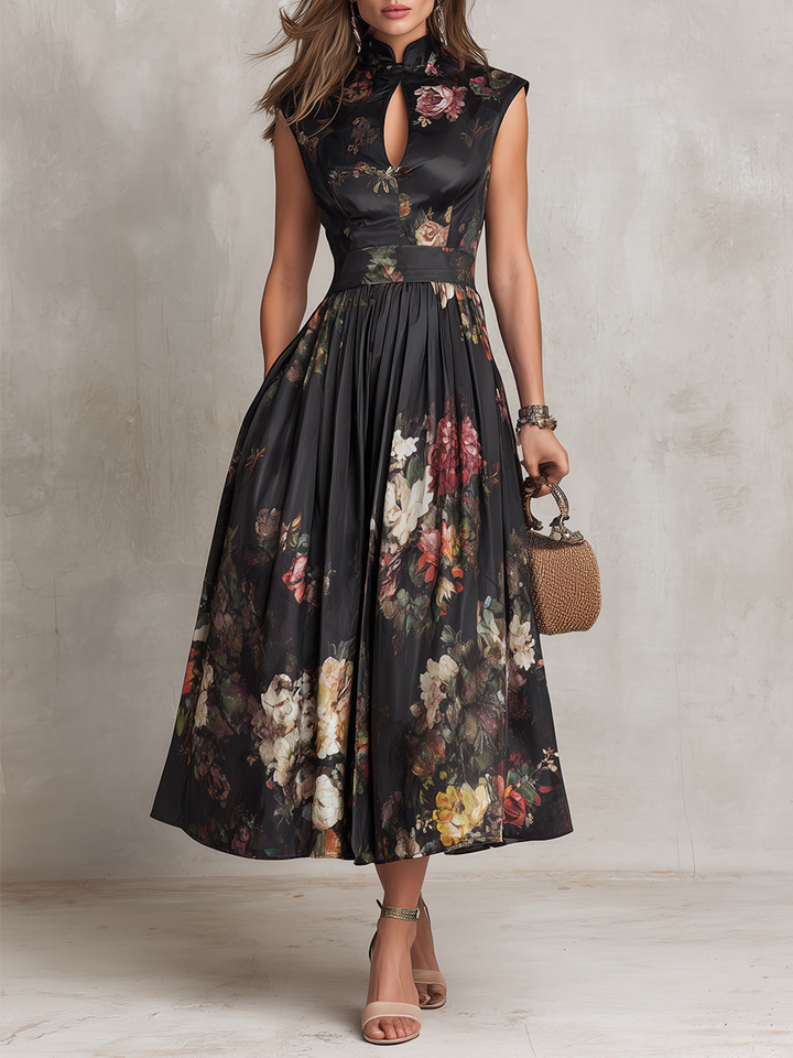Cora | Black Keyhole Collar Floral Pleated Satin Midi Dress - Helen & Olivia Manhattan