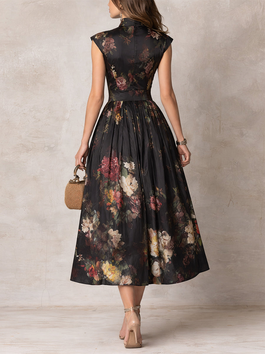 Cora | Black Keyhole Collar Floral Pleated Satin Midi Dress - Helen & Olivia Manhattan