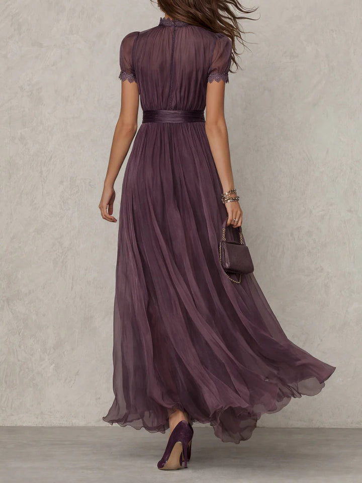 Vivienne | Purple Keyhole Neckline Chiffon Lace Trim Maxi Dress - Helen & Olivia Manhattan