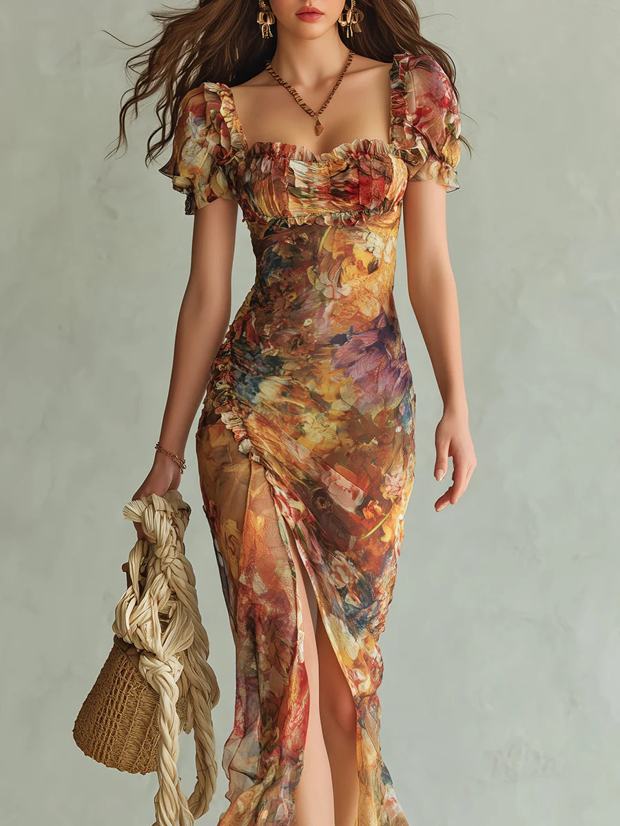Bea | Orange Bohemian Holiday Oil Painting Print Chiffon Maxi Dress - Helen & Olivia Manhattan