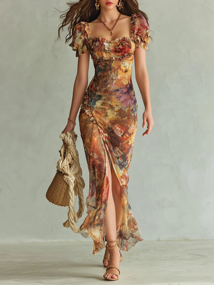 Bea | Orange Bohemian Holiday Oil Painting Print Chiffon Maxi Dress - Helen & Olivia Manhattan