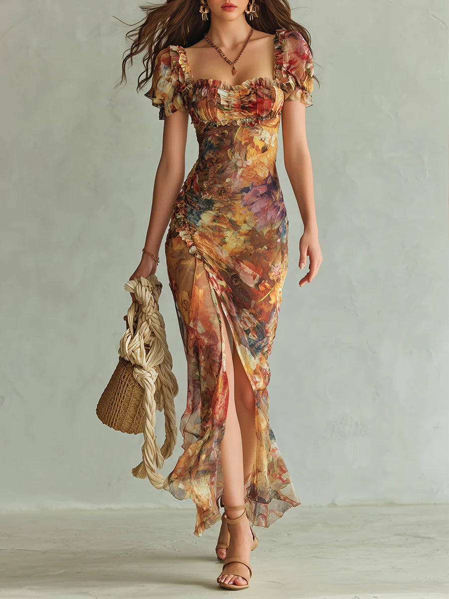Bea | Orange Bohemian Holiday Oil Painting Print Chiffon Maxi Dress - Helen & Olivia Manhattan