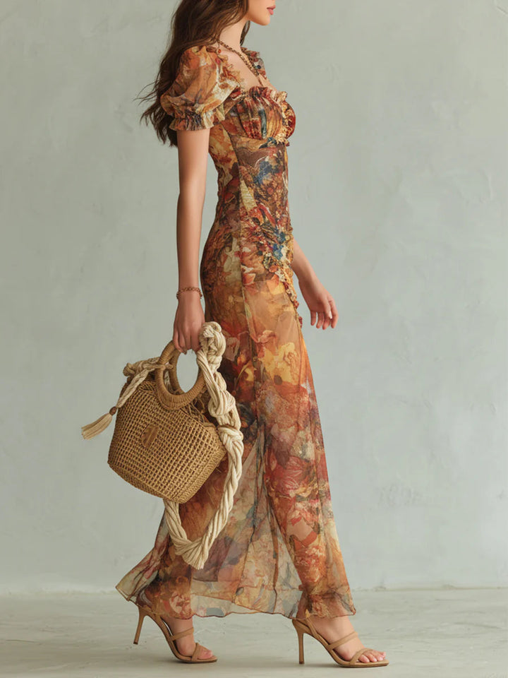 Bea | Orange Bohemian Holiday Oil Painting Print Chiffon Maxi Dress - Helen & Olivia Manhattan