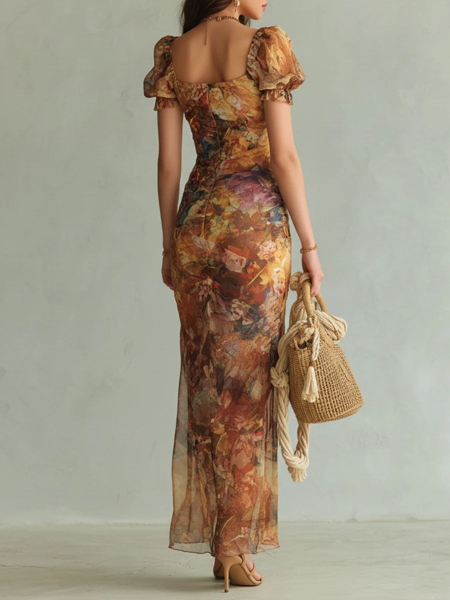 Bea | Orange Bohemian Holiday Oil Painting Print Chiffon Maxi Dress - Helen & Olivia Manhattan