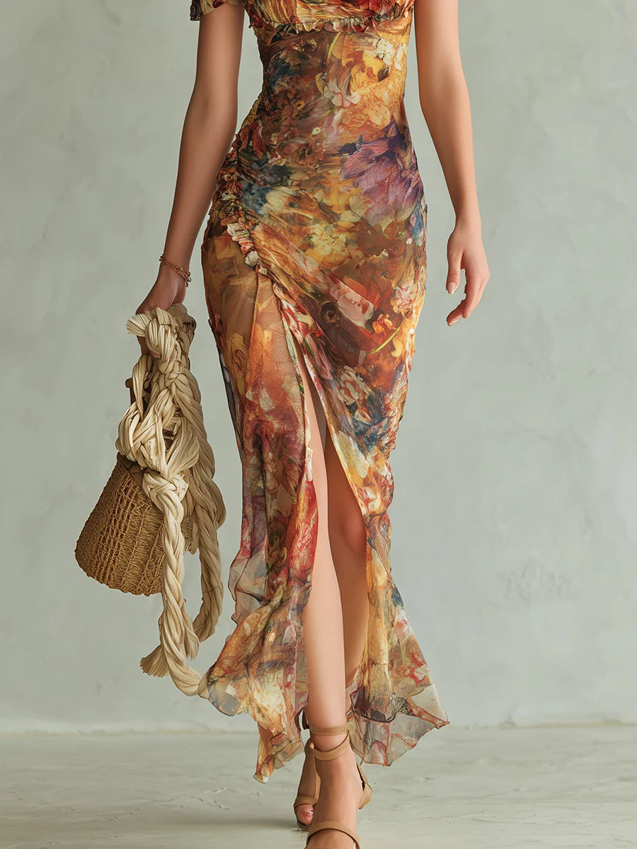 Bea | Orange Bohemian Holiday Oil Painting Print Chiffon Maxi Dress - Helen & Olivia Manhattan