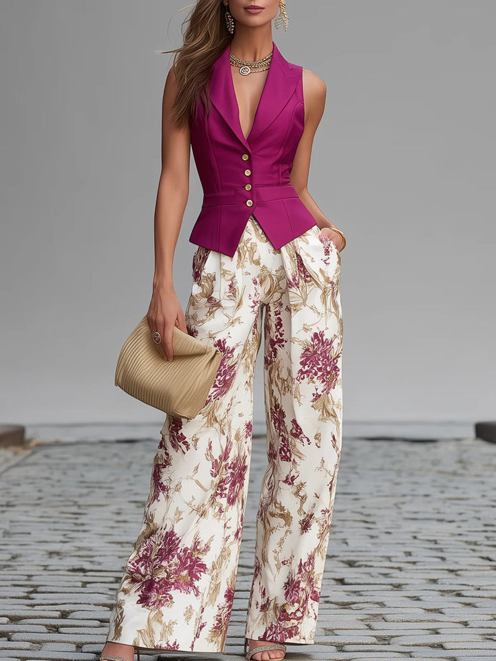 Diana | Rose Pink Sleeveless Vest And Floral Printed Wide-leg Pants Set - Helen & Olivia Manhattan