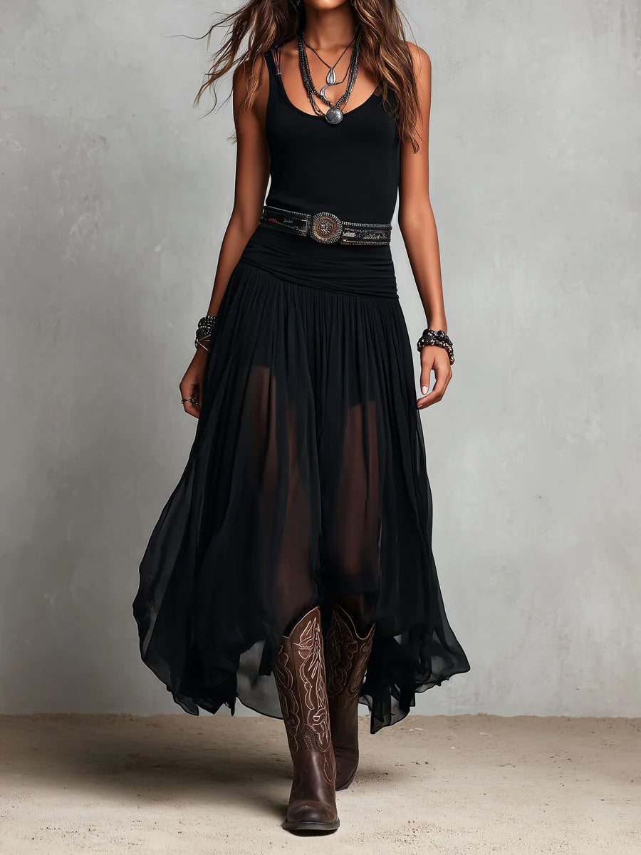 Tessa | Black Sleeveless Tank Top With Tulle Skirt Maxi Dress (with belt) - Helen & Olivia Manhattan