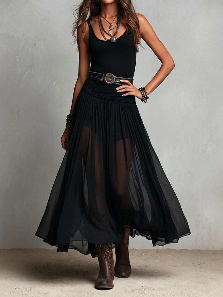 Tessa | Black Sleeveless Tank Top With Tulle Skirt Maxi Dress (with belt) - Helen & Olivia Manhattan