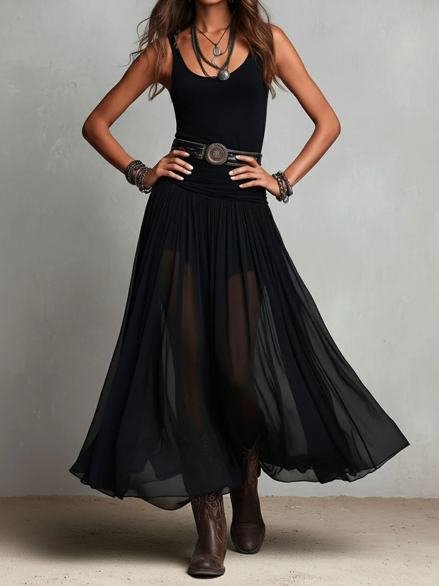 Tessa | Black Sleeveless Tank Top With Tulle Skirt Maxi Dress (with belt) - Helen & Olivia Manhattan