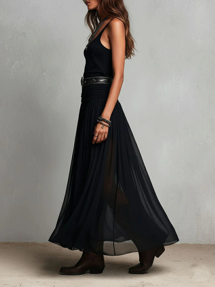 Tessa | Black Sleeveless Tank Top With Tulle Skirt Maxi Dress (with belt) - Helen & Olivia Manhattan