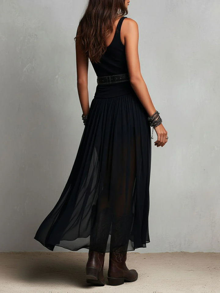 Tessa | Black Sleeveless Tank Top With Tulle Skirt Maxi Dress (with belt) - Helen & Olivia Manhattan