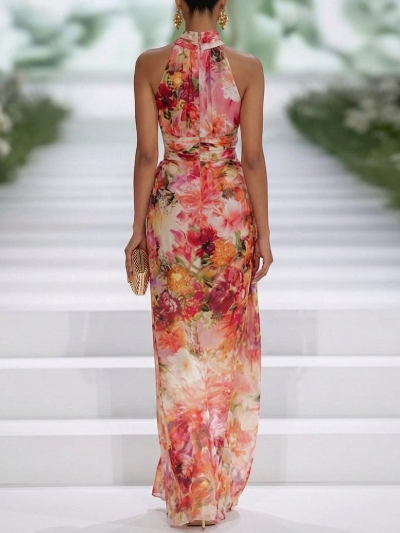 Cara | Red Chiffon Floral Halter-neck Sleeveless Maxi Dress - Helen & Olivia Manhattan