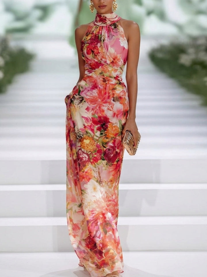 Cara | Red Chiffon Floral Halter-neck Sleeveless Maxi Dress - Helen & Olivia Manhattan