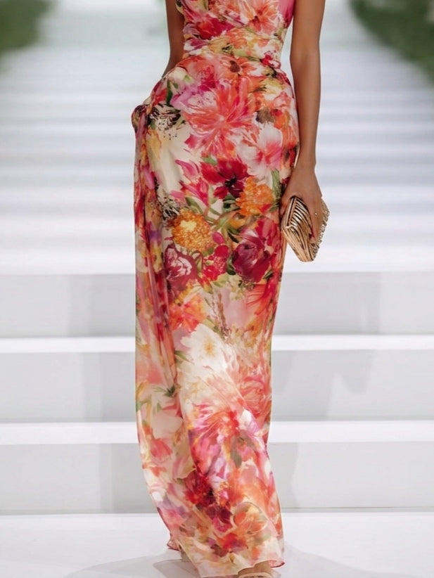 Cara | Red Chiffon Floral Halter-neck Sleeveless Maxi Dress - Helen & Olivia Manhattan