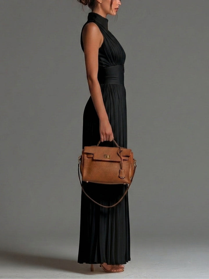 Amara | Black V-neck Sleeveless Zip-up Pleated Wide-leg Chiffon Jumpsuit - Helen & Olivia Manhattan