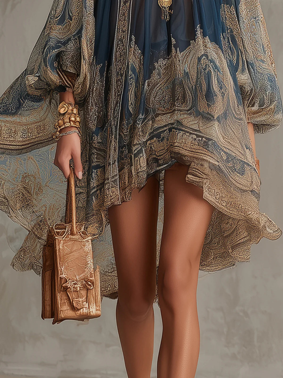 Sadie | Asymmetric Raso Mini Dress with Blue Blue Navy Baroque Stampa & Stand Collar
