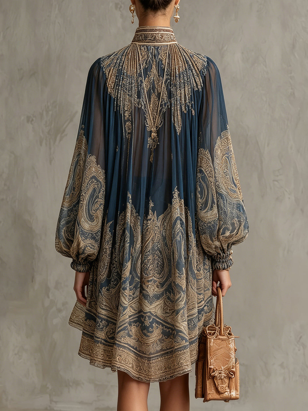 Sadie | Asymmetric Raso Mini Dress with Blue Blue Navy Baroque Stampa & Stand Collar