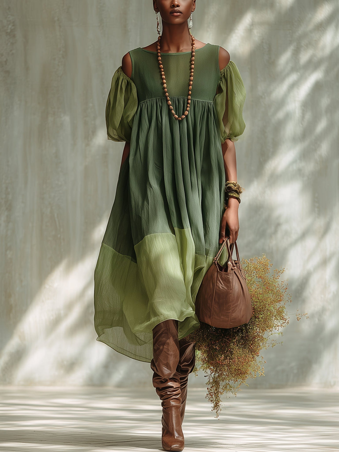 Yara | Green Chiffon Off Shoulder Short Sleeve Midi Dress - Helen & Olivia Manhattan