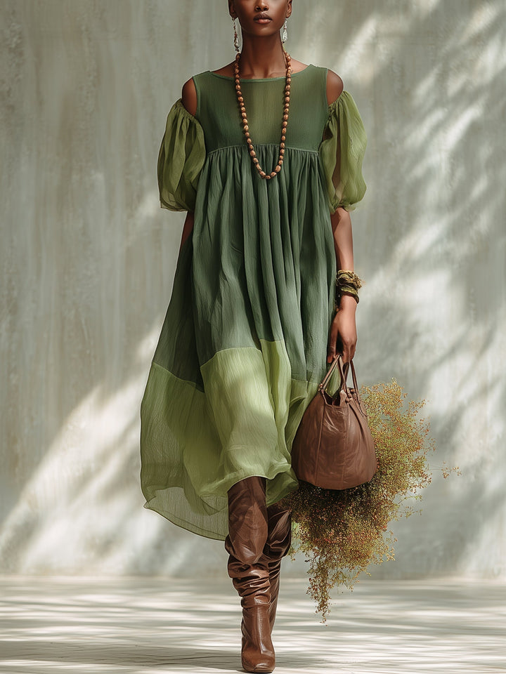 Yara | Green Chiffon Off Shoulder Short Sleeve Midi Dress - Helen & Olivia Manhattan