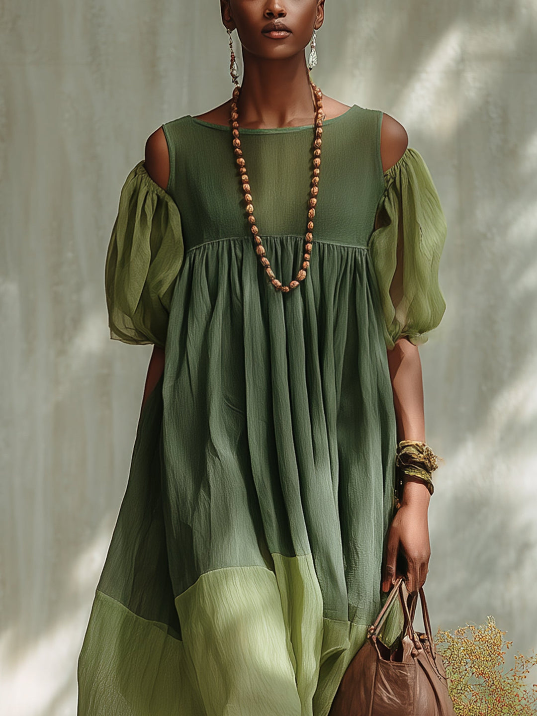 Yara | Green Chiffon Off Shoulder Short Sleeve Midi Dress - Helen & Olivia Manhattan