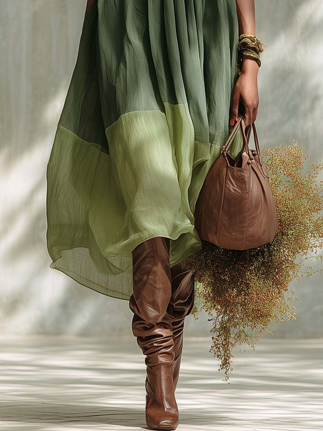 Yara | Green Chiffon Off Shoulder Short Sleeve Midi Dress - Helen & Olivia Manhattan