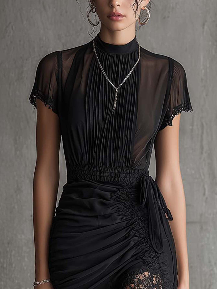 Xena | Black Chiffon Pleated Waist Lace-trimmed Mini Dress - Helen & Olivia Manhattan