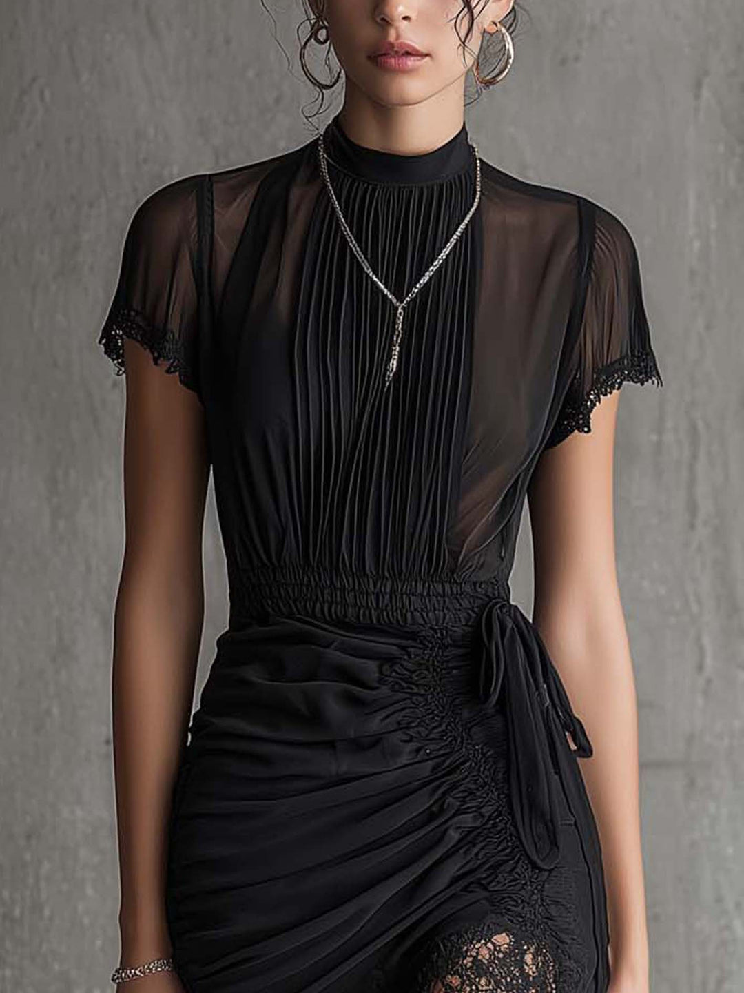 Xena | Black Chiffon Pleated Waist Lace-trimmed Mini Dress - Helen & Olivia Manhattan