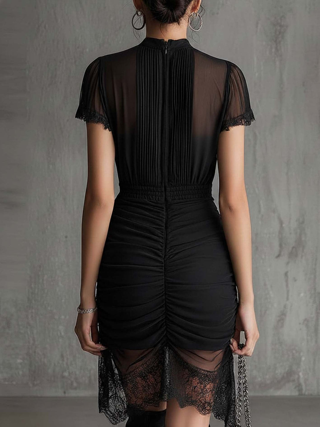 Xena | Black Chiffon Pleated Waist Lace-trimmed Mini Dress - Helen & Olivia Manhattan