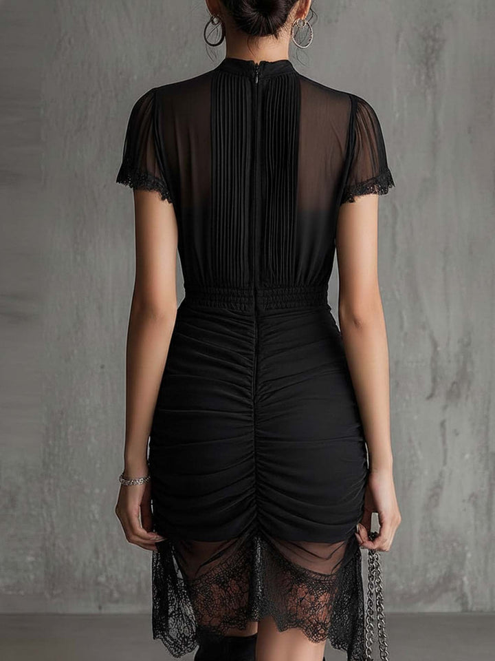Xena | Black Chiffon Pleated Waist Lace-trimmed Mini Dress - Helen & Olivia Manhattan