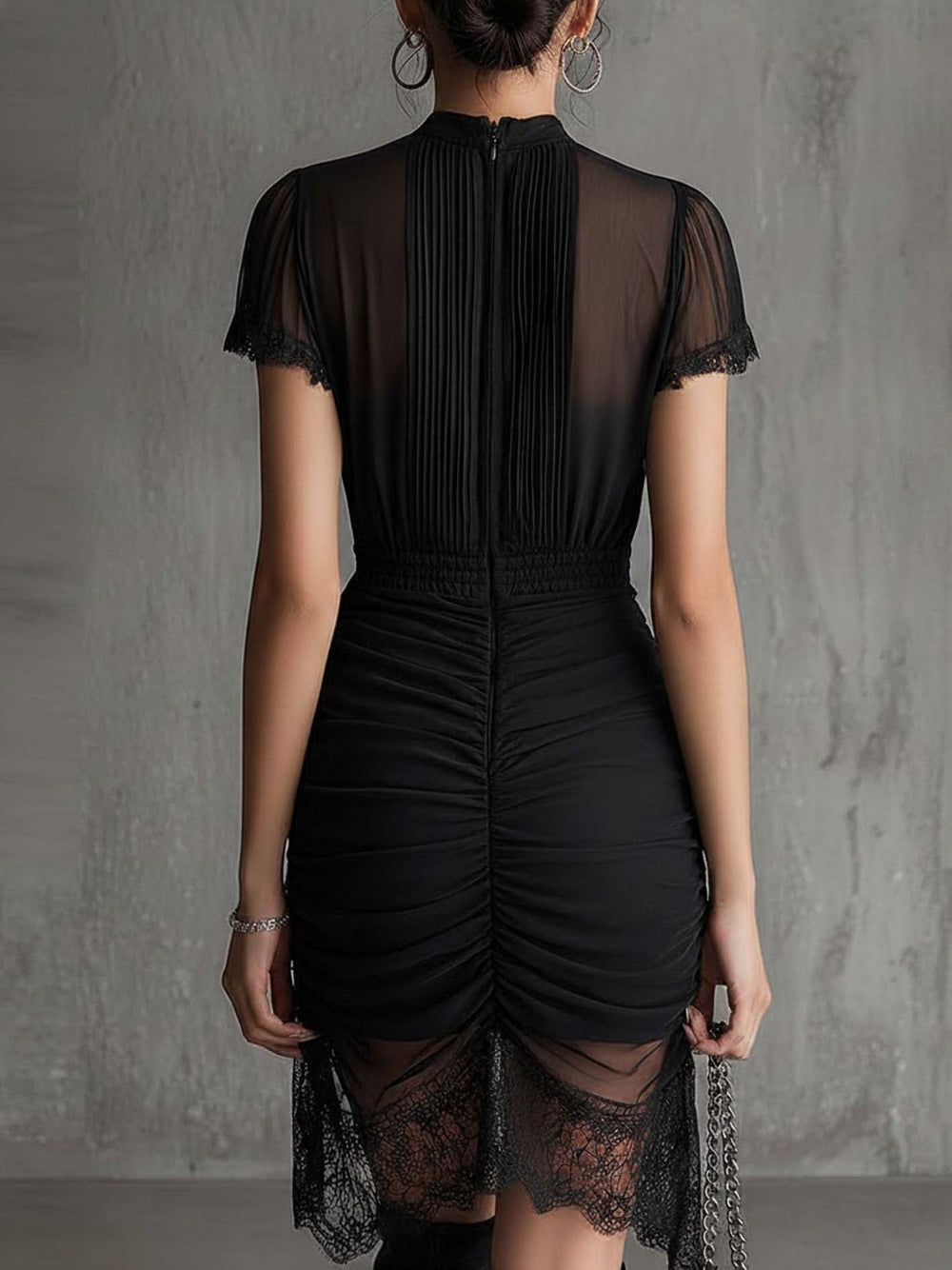 Xena | Black Chiffon Pleated Waist Lace-trimmed Mini Dress - Helen & Olivia Manhattan
