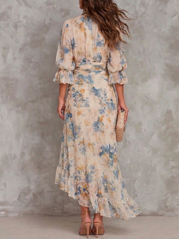 Elise | Beige Turtleneck Oil Painting Floral Print Irregular Chiffon Maxi Dress - Helen & Olivia Manhattan