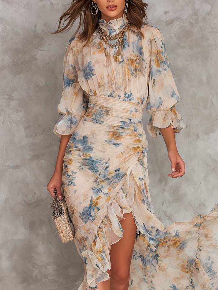 Elise | Beige Turtleneck Oil Painting Floral Print Irregular Chiffon Maxi Dress - Helen & Olivia Manhattan