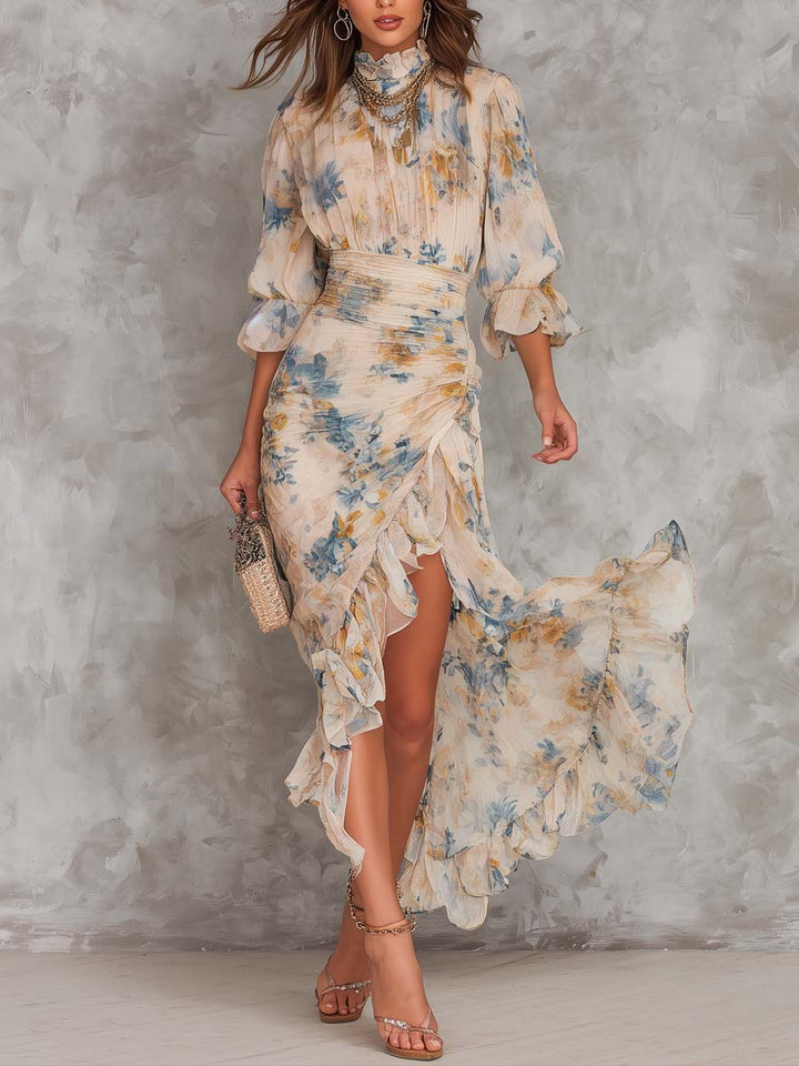 Elise | Beige Turtleneck Oil Painting Floral Print Irregular Chiffon Maxi Dress - Helen & Olivia Manhattan